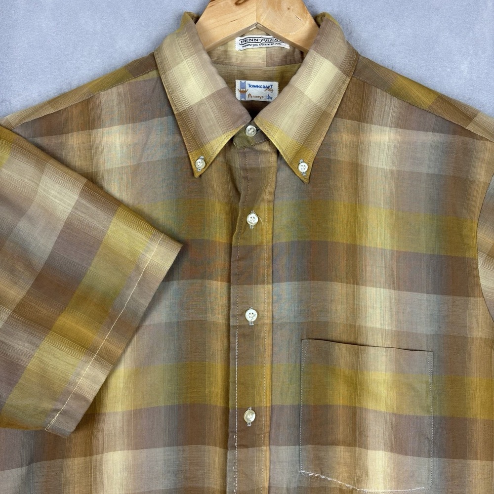Vintage Penneys Towncraft Shirt Mens Large Yellow Brown Plaid Penn Prest 60s 70s